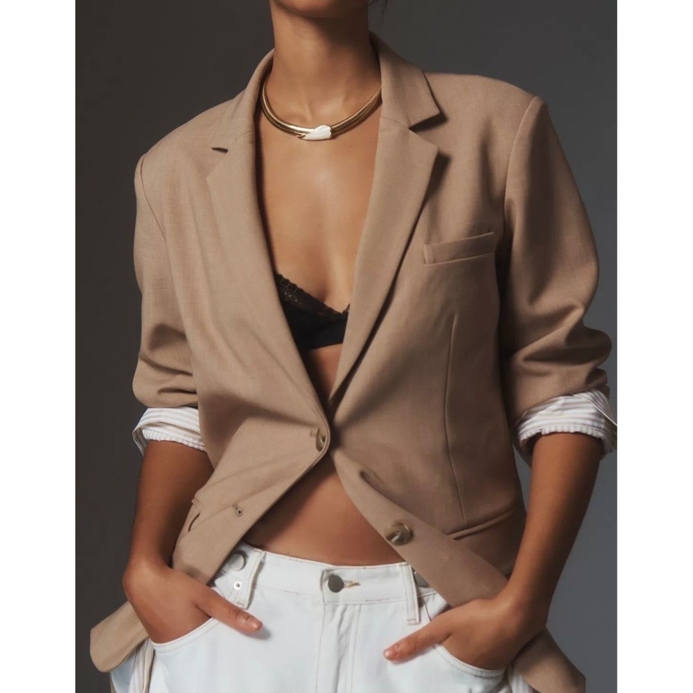 Maeve Anthropologie Tan Oversized Blazer Pinstripe Lining Workwear Chic NWT L
